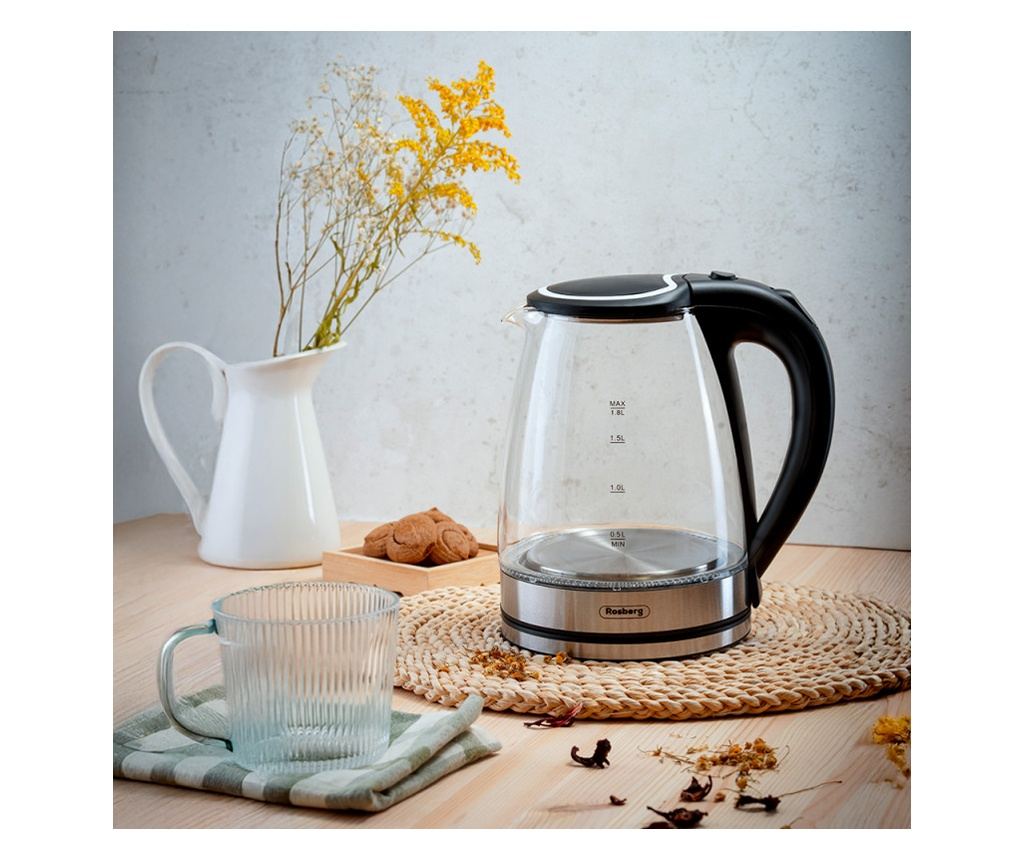 Fierbător electric Rosberg R51230L, 1800W, 1.8L, Sticla, Negru/crom - 2