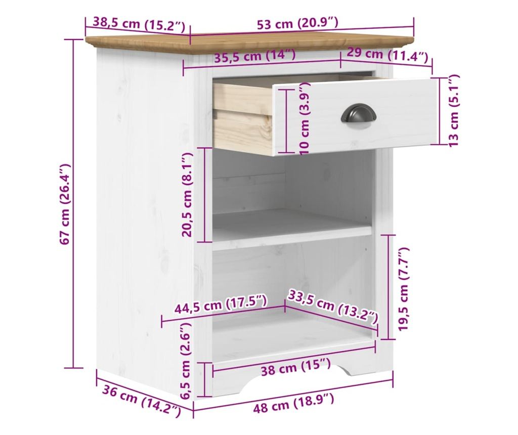 Noćni ormarić "BODO", smeđi, 53x38,5x66 cm, masivna borovina - 8