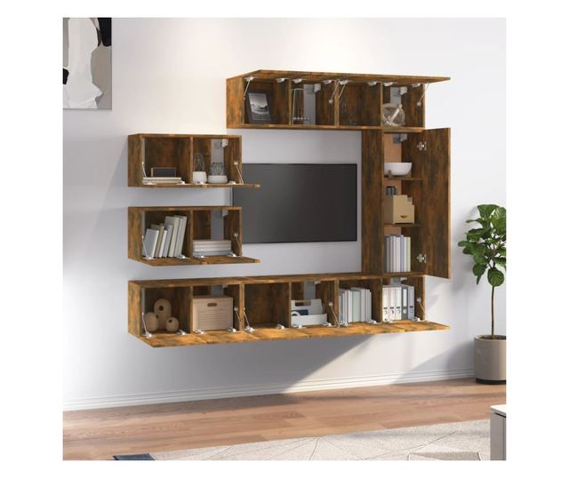 Set TV omare, 8 delov, dimljen hrast, obdelano les.