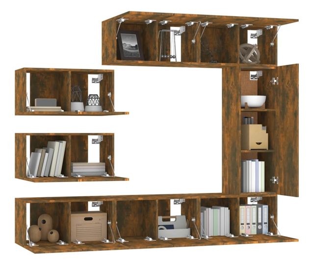 Set TV omare, 8 delov, dimljen hrast, obdelano les.