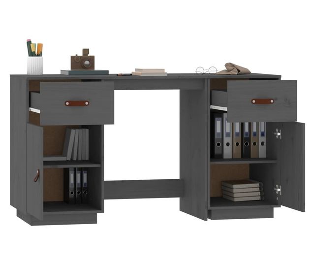 Pisarna s omaricami, siva, 135x50x75 cm, masivno borovo les.