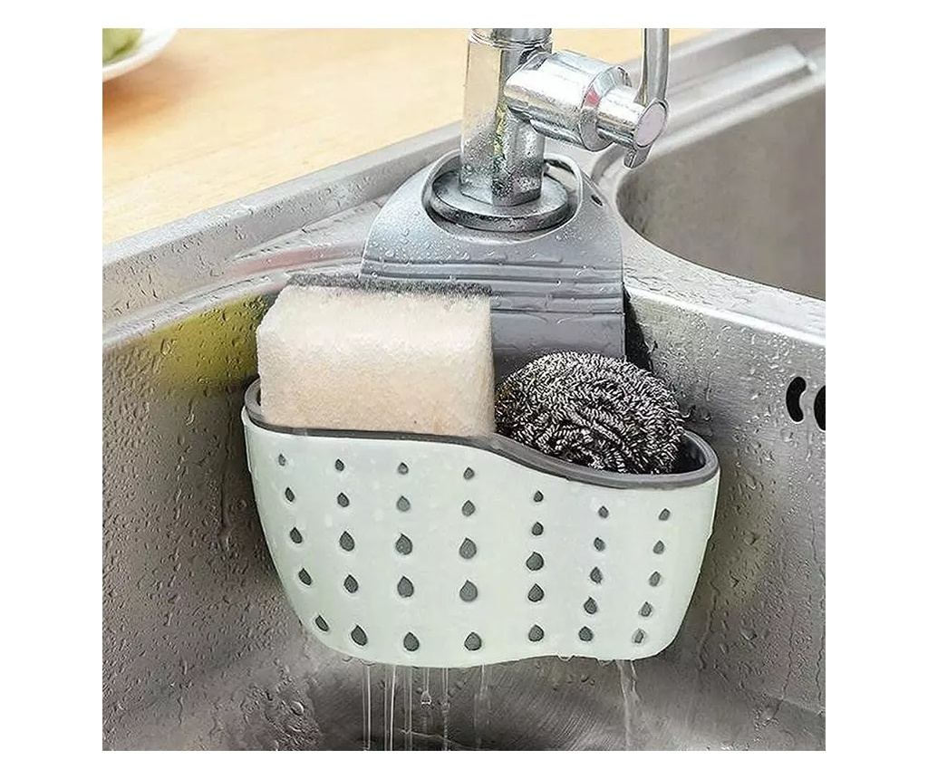 Suport pentru burete de vase bucatarie pentru chiuveta, curea reglabila din silicon, Gonga® Gri - 2