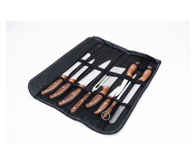 Професионален комплект ножове и прибори в черен калъф Royalty Line, RL-K9C, Неръждаема стомана, Кафяви дръжки, 10 части