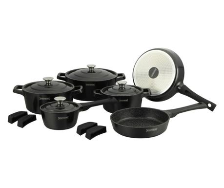 Set oale si tigai cu capace, marmorate 14 piese Royaly Line RL OS1014 Negru, antiaderente, inductie, capac metalic, curatare uso