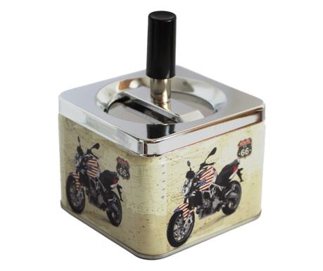 Scrumiera metalica Pufo American Motorcycle antivant cu buton, 9 cm