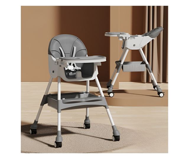 Scaun de Masa pentru Bebelusi si Copii, Cyrax, cu Roti, Telescopic, Pliabil, Masuta Reglabila, Suport Picioare, Scaun cu Invelis