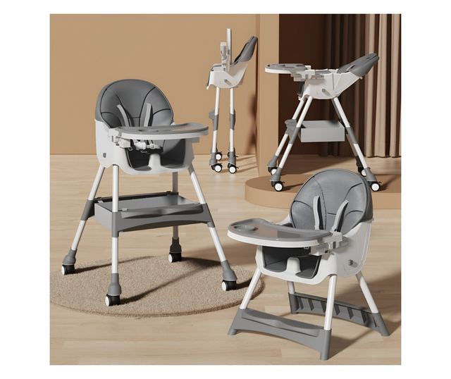 Scaun de Masa pentru Bebelusi si Copii, Cyrax, cu Roti, Telescopic, Pliabil, Masuta Reglabila, Suport Picioare, Scaun cu Invelis