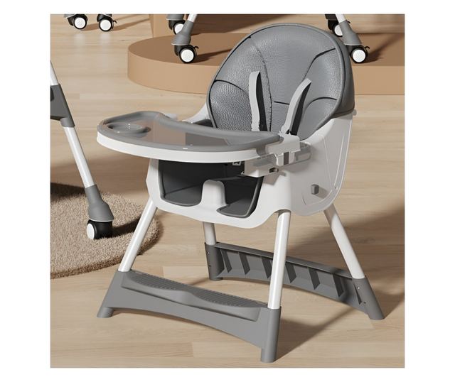 Scaun de Masa pentru Bebelusi si Copii, Cyrax, cu Roti, Telescopic, Pliabil, Masuta Reglabila, Suport Picioare, Scaun cu Invelis