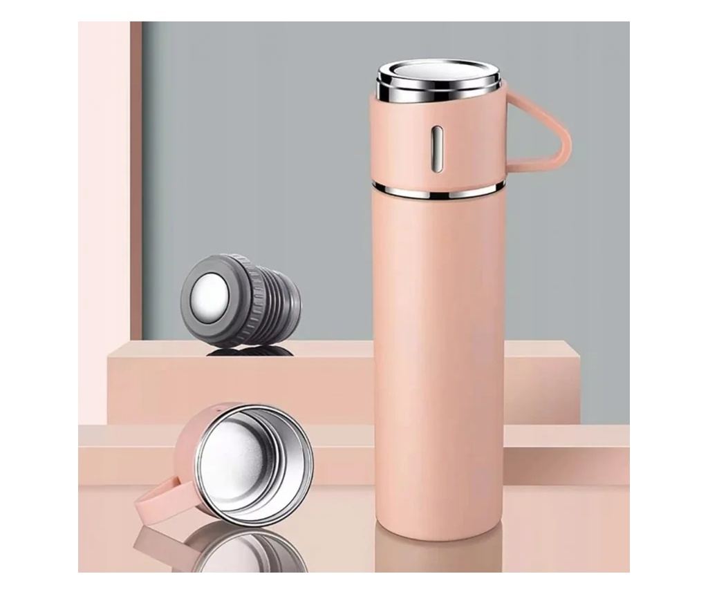 Set termos cu 3 căni din oțel inoxidabil, 0.5L, menținere a băuturilor calde 6 ore și reci 12 ore, Gonga® Roz - 4
