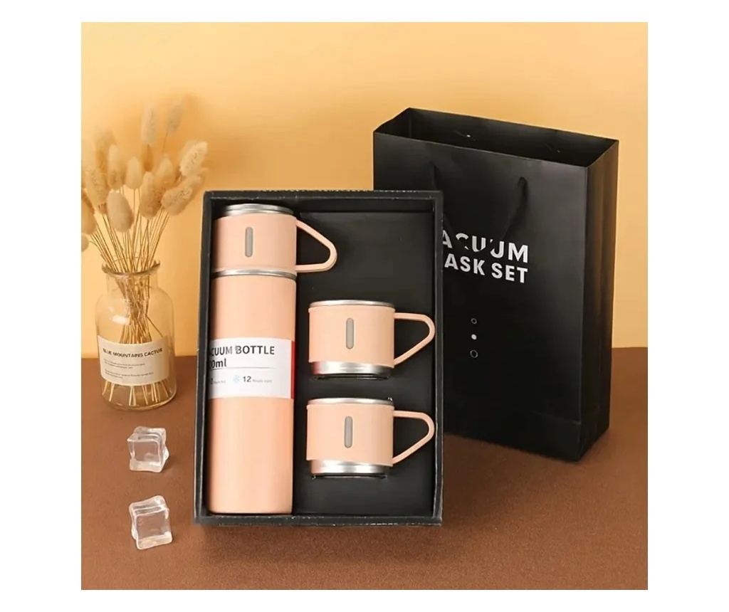 Set termos cu 3 căni din oțel inoxidabil, 0.5L, menținere a băuturilor calde 6 ore și reci 12 ore, Gonga® Roz - 5