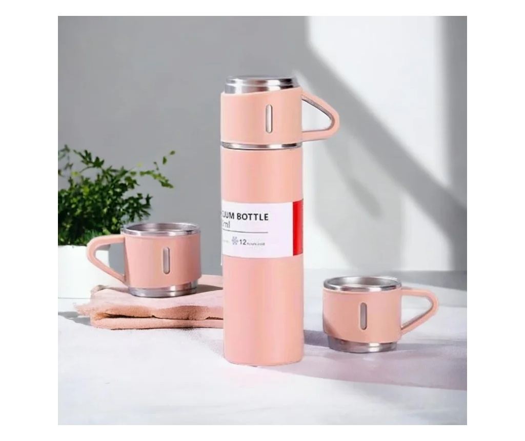Set termos cu 3 căni din oțel inoxidabil, 0.5L, menținere a băuturilor calde 6 ore și reci 12 ore, Gonga® Roz - 7