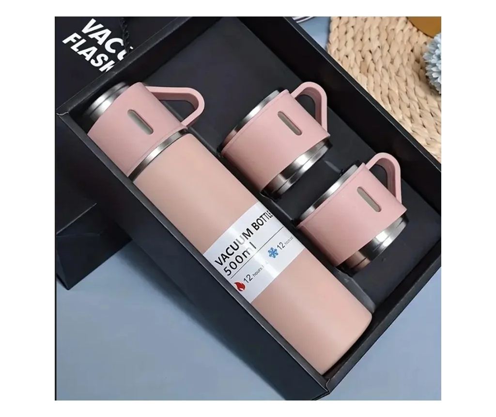 Set termos cu 3 căni din oțel inoxidabil, 0.5L, menținere a băuturilor calde 6 ore și reci 12 ore, Gonga® Roz - 8