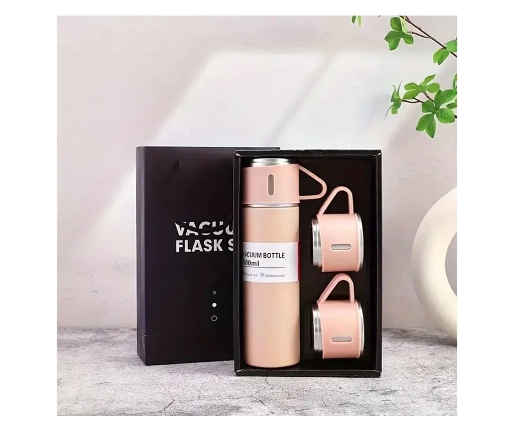 Set termos cu 3 căni din oțel inoxidabil, 0.5L, menținere a băuturilor calde 6 ore și reci 12 ore, Gonga® Roz - 9