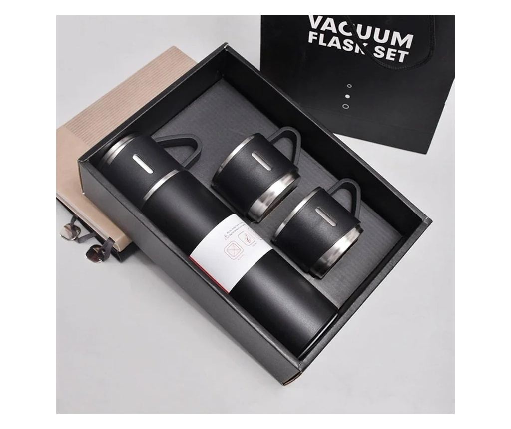 Set termos cu 3 căni din oțel inoxidabil, 0.5L, menținere a băuturilor calde 6 ore și reci 12 ore, Gonga® Negru - 2