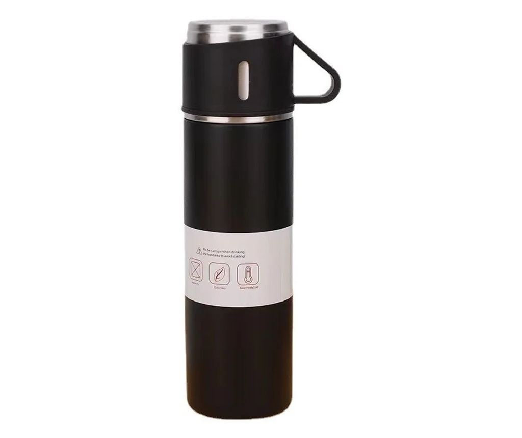 Set termos cu 3 căni din oțel inoxidabil, 0.5L, menținere a băuturilor calde 6 ore și reci 12 ore, Gonga® Negru - 3