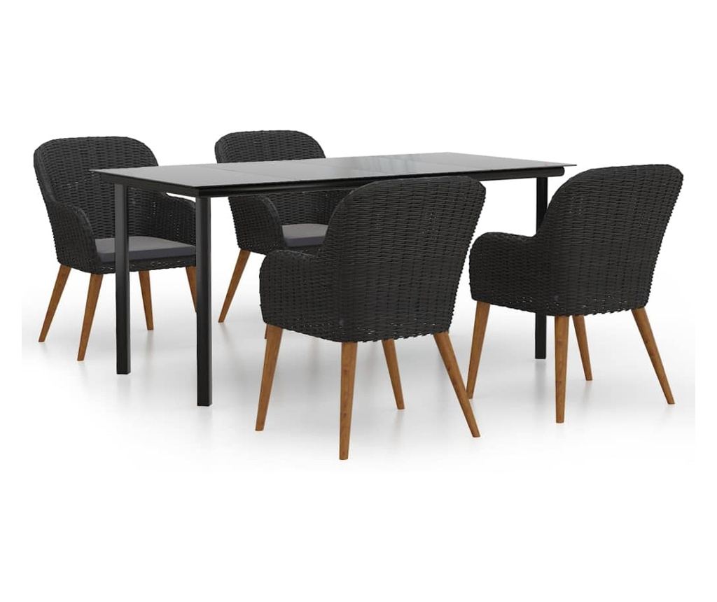 Градински комплект за хранене, 5 части, с възглавници, черен - 2