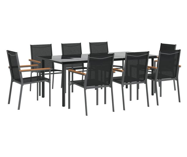 Градински комплект мебели, 9 части, Черен, Текстилен и Стомана