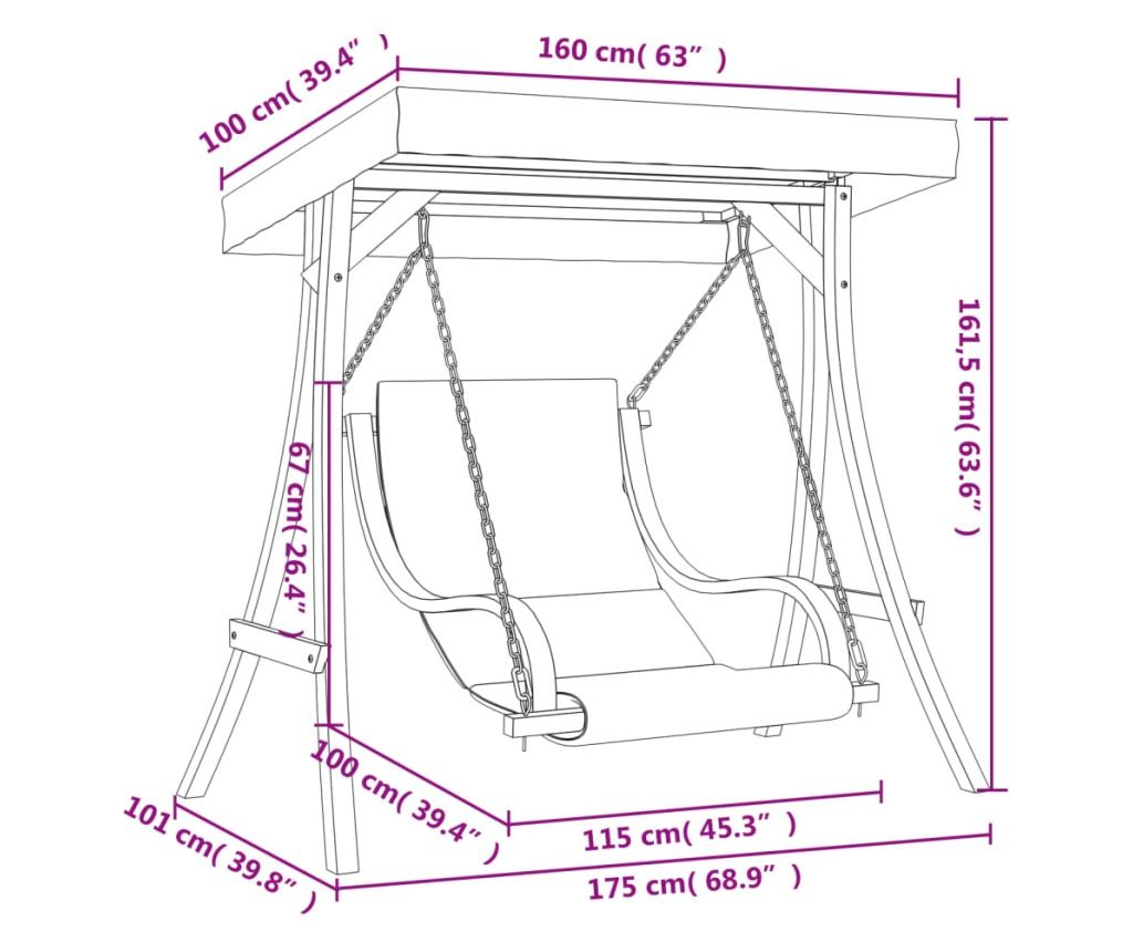 Дървен люлеещ се стол с възглавница и сенник, масивна смърчова дървесина - 8