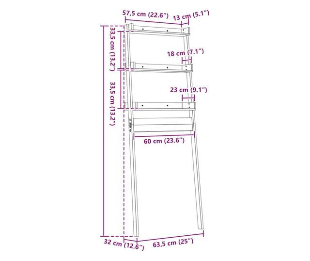 Тоалетна етажерка, бяла, 63.5x32x179 см, масивна борова дървесина