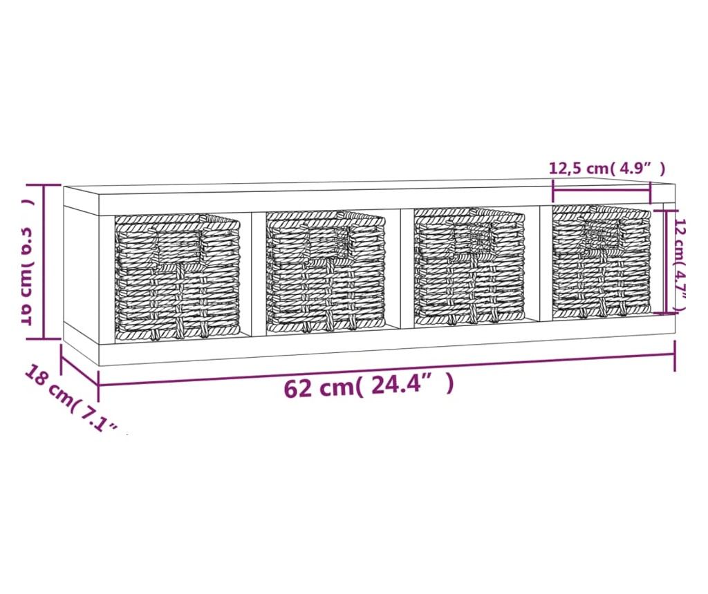 Стенен рафт с кошници, 62x18x16 см, масивно дърво орех - 6
