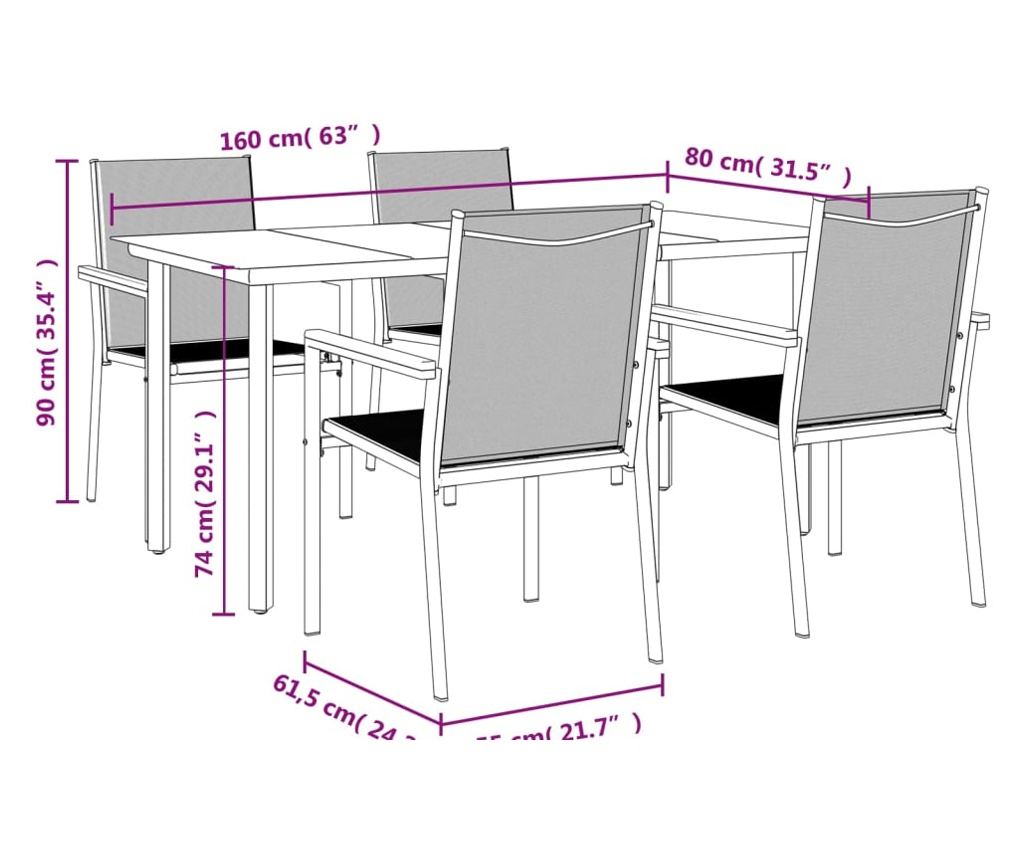 Garden Furniture Set, 5 Pieces, Black, Textilene and Steel - 9