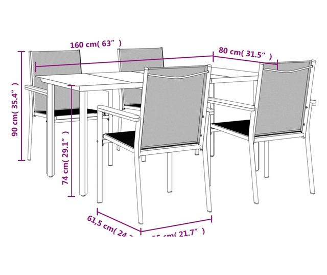 Градински комплект мебели, 5 части, Черен, Текстилен и Стоманен