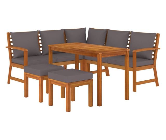 Градински комплект с възглавници, 6 части, масивно акациево дърво