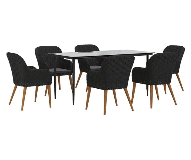 Комплект градински мебели, 7 части, с възглавници, черен