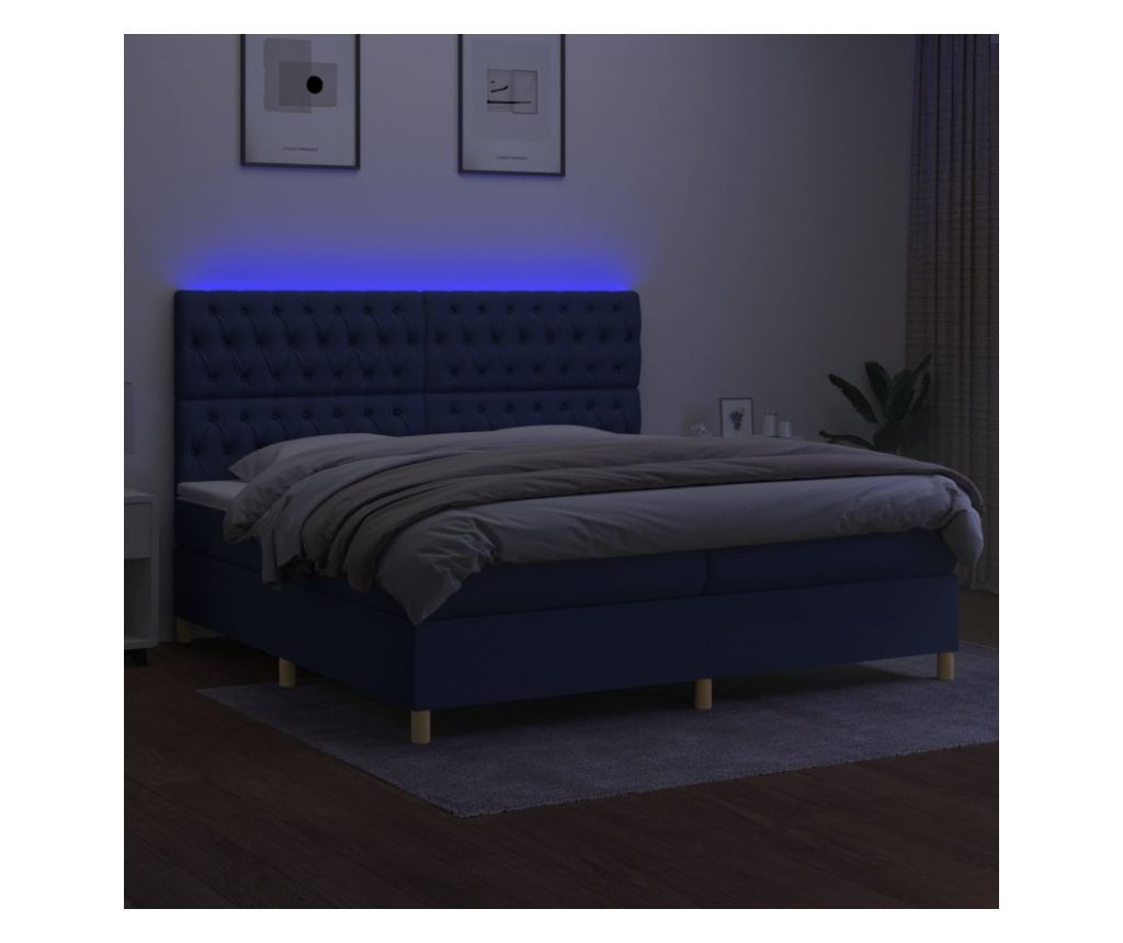 Pat cu arcuri, saltea și LED, albastru, 200x200 cm, textil - 4