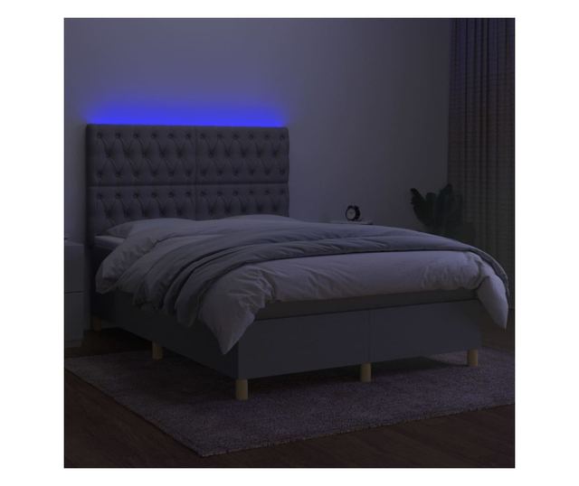 Рамка за легло с матрак и LED, светло сиво, 140x200 см, текстил