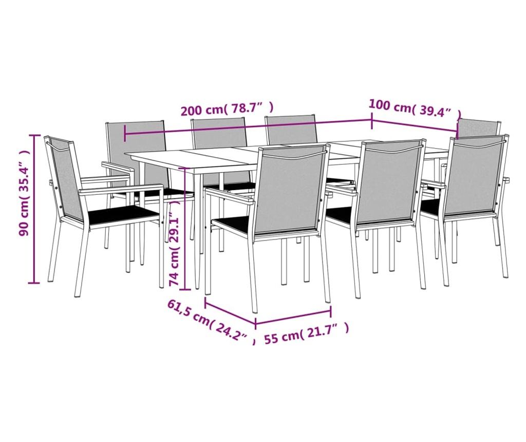 Градински комплект мебели, 9 части, Черен, Текстилен и Стоманен - 9