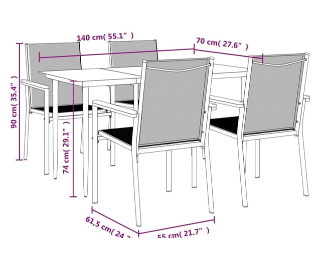 Градински комплект мебели, 5 части, Черен, Текстилен и Стомана