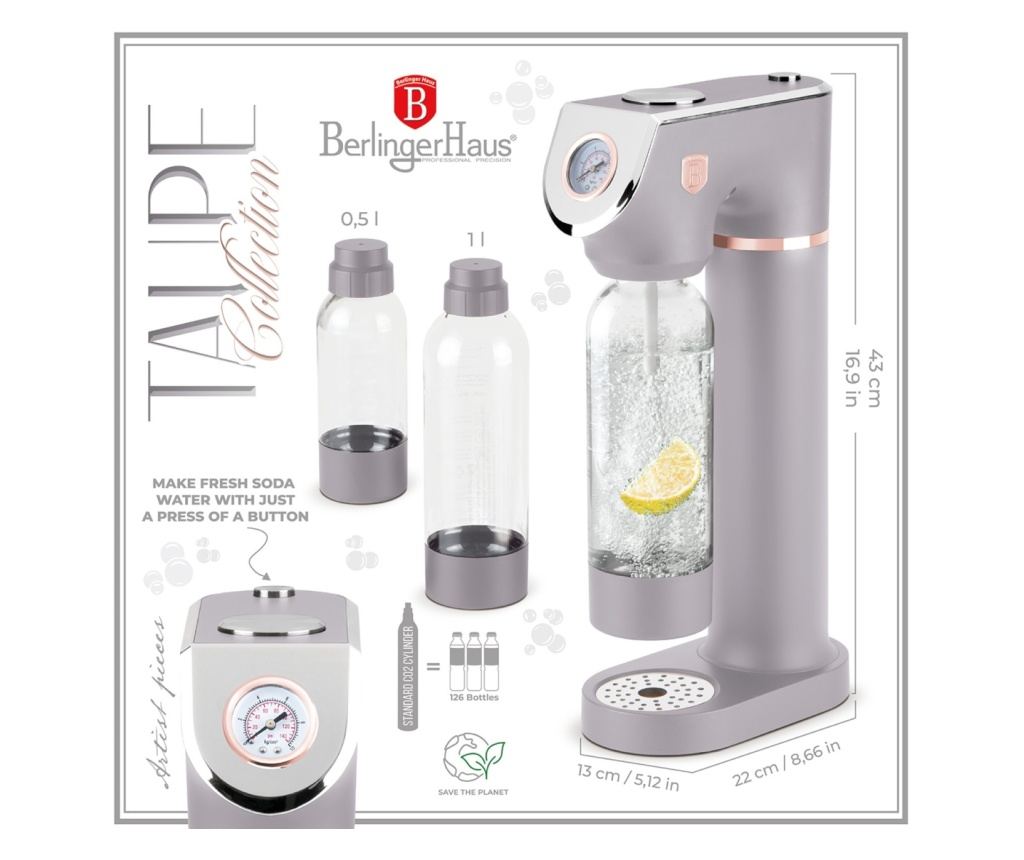Aparat preparare bauturi carbogazoase Taupe Berlinger Haus BH 8558, gri - 7