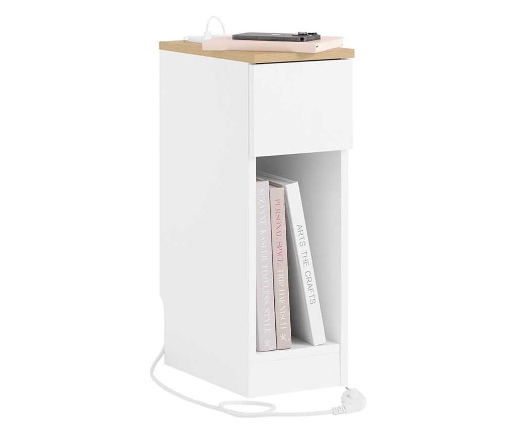 SoBuy Κομοδίνο FBT111-E-WN με USB, 20x35x60cm, λευκό με ξύλινες λεπτομέρειες