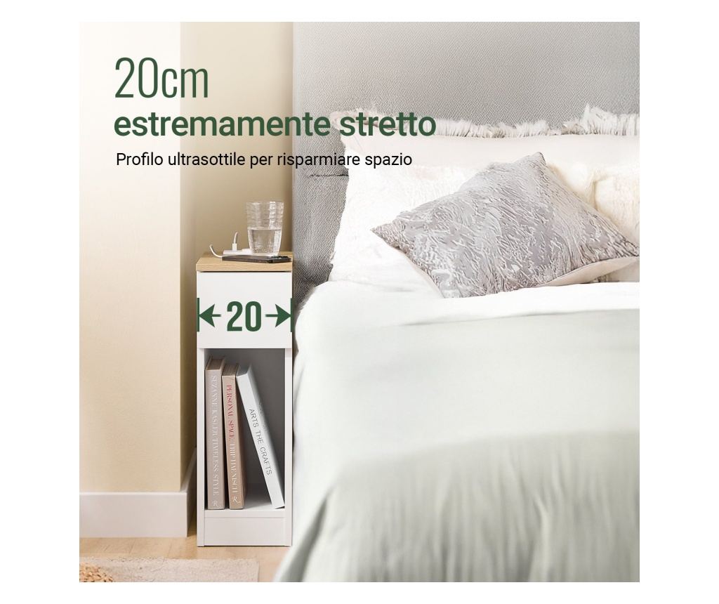Ozka nočna omarica s predalom in USB priključki, 20 x 35 x 60 cm, bela in lesena, za spalnico ali dnevno sobo, model FBT111-E-WN - 2