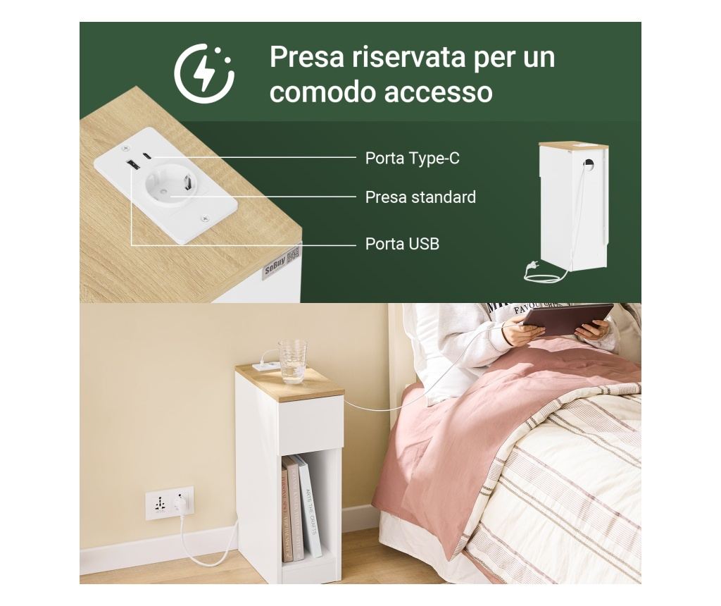 Ozka nočna omarica s predalom in USB priključki, 20 x 35 x 60 cm, bela in lesena, za spalnico ali dnevno sobo, model FBT111-E-WN - 3