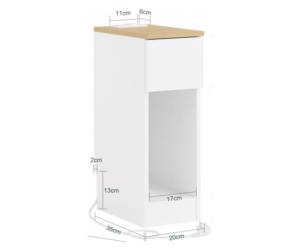 Ozka nočna omarica s predalom in USB priključki, 20 x 35 x 60 cm, bela in lesena, za spalnico ali dnevno sobo, model FBT111-E-WN - 5