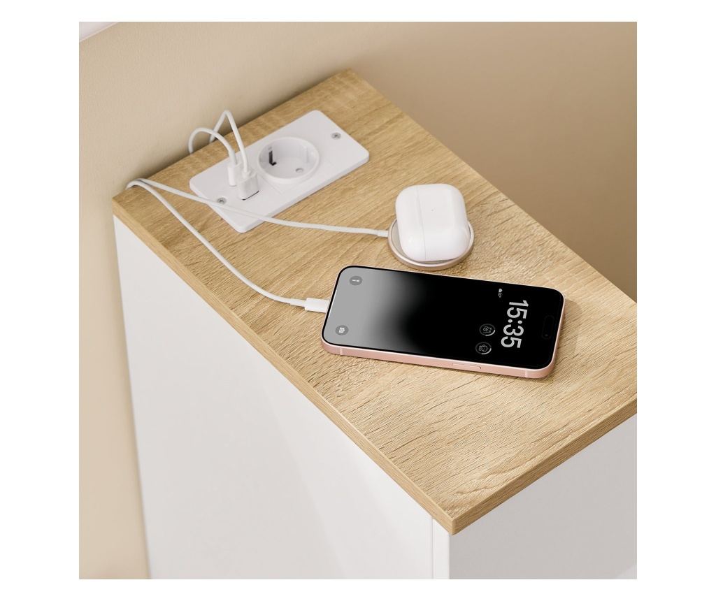 Ozka nočna omarica s predalom in USB priključki, 20 x 35 x 60 cm, bela in lesena, za spalnico ali dnevno sobo, model FBT111-E-WN - 8