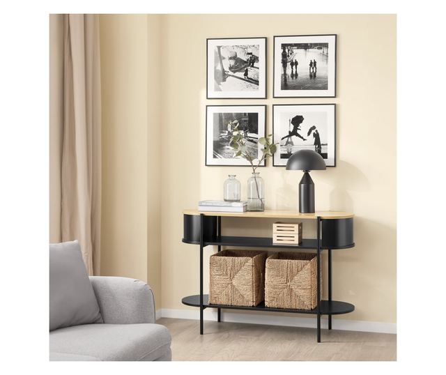 Sodobna konzolna miza SoBuy iz svetlega lesa in črne kovine s policami – prostorsko varčna rešitev za hodnik, dnevno sobo ali pi