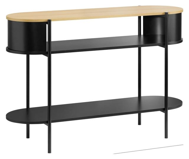 Sodobna konzolna miza SoBuy iz svetlega lesa in črne kovine s policami – prostorsko varčna rešitev za hodnik, dnevno sobo ali pi