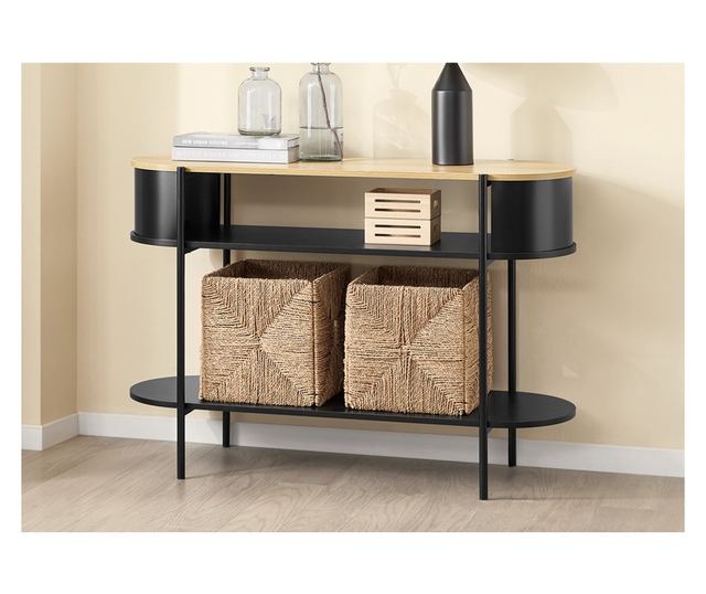 Sodobna konzolna miza SoBuy iz svetlega lesa in črne kovine s policami – prostorsko varčna rešitev za hodnik, dnevno sobo ali pi