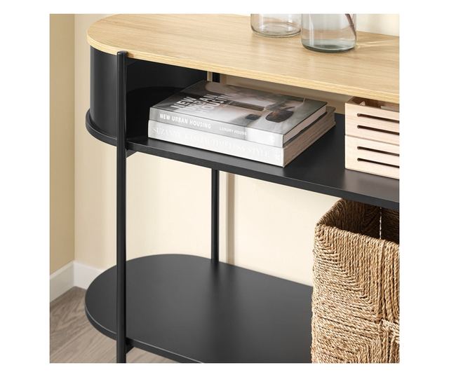 Sodobna konzolna miza SoBuy iz svetlega lesa in črne kovine s policami – prostorsko varčna rešitev za hodnik, dnevno sobo ali pi