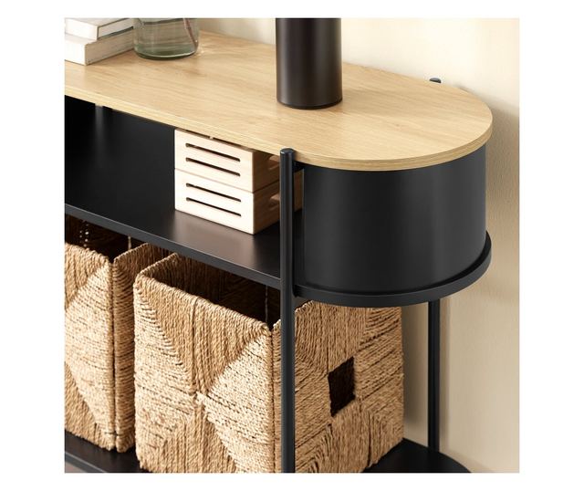 Sodobna konzolna miza SoBuy iz svetlega lesa in črne kovine s policami – prostorsko varčna rešitev za hodnik, dnevno sobo ali pi