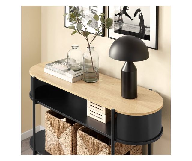 Sodobna konzolna miza SoBuy iz svetlega lesa in črne kovine s policami – prostorsko varčna rešitev za hodnik, dnevno sobo ali pi