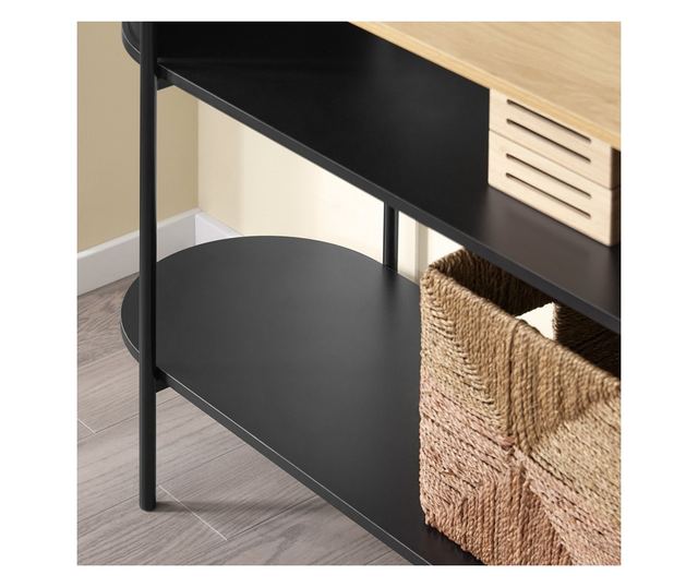 Sodobna konzolna miza SoBuy iz svetlega lesa in črne kovine s policami – prostorsko varčna rešitev za hodnik, dnevno sobo ali pi