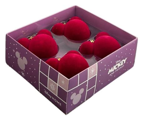 Set mix 4 globuri Craciun Mickey Mouse din catifea, 7 cm, rosu