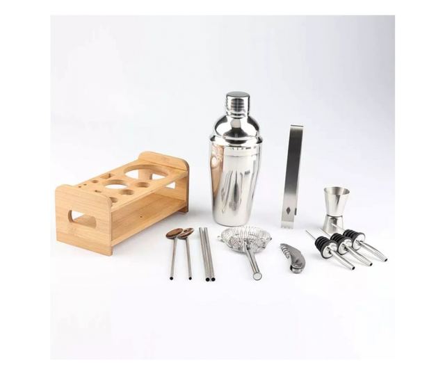 Set Cocktail, 13 accesorii din otel inoxidabil cu suport din Bambus