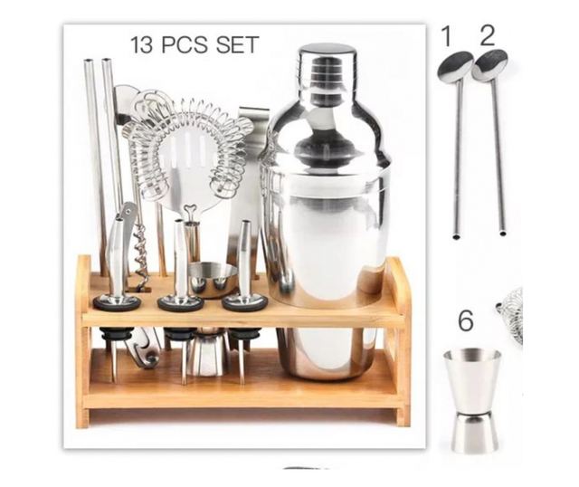 Set Cocktail, 13 accesorii din otel inoxidabil cu suport din Bambus