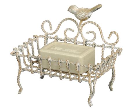 Kovani željezni držač za sapun krem boje s detaljem ptice 14x9x16 cm