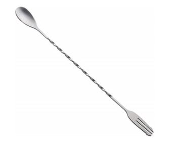Lingura de bar Pufo cu maner rasucit pentru amestecare bauturi, cocktail, capat furculita, inox, 32 cm